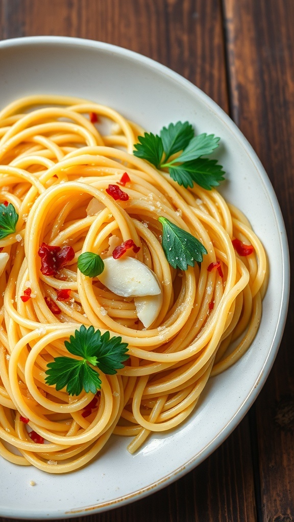 Classic Spaghetti Aglio e Olio A plate of spaghetti aglio e olio garnished with garlic, red pepper flakes, and parsley on a rustic table.